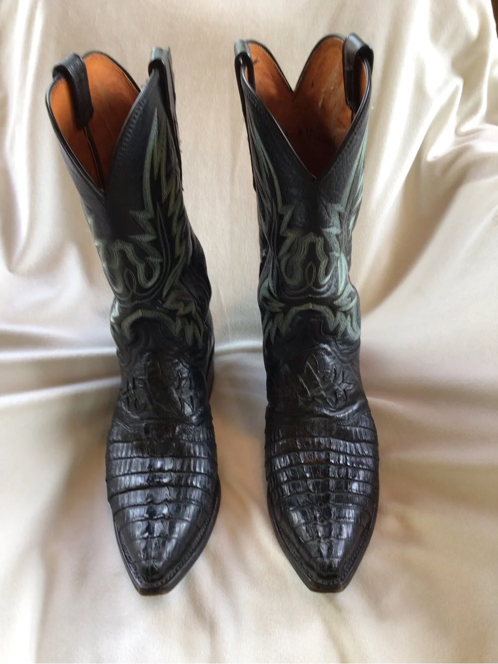 Lucchese Black Caiman Leather Cowboy Boots with Blue Embroidery SZ 9 Style N1113
